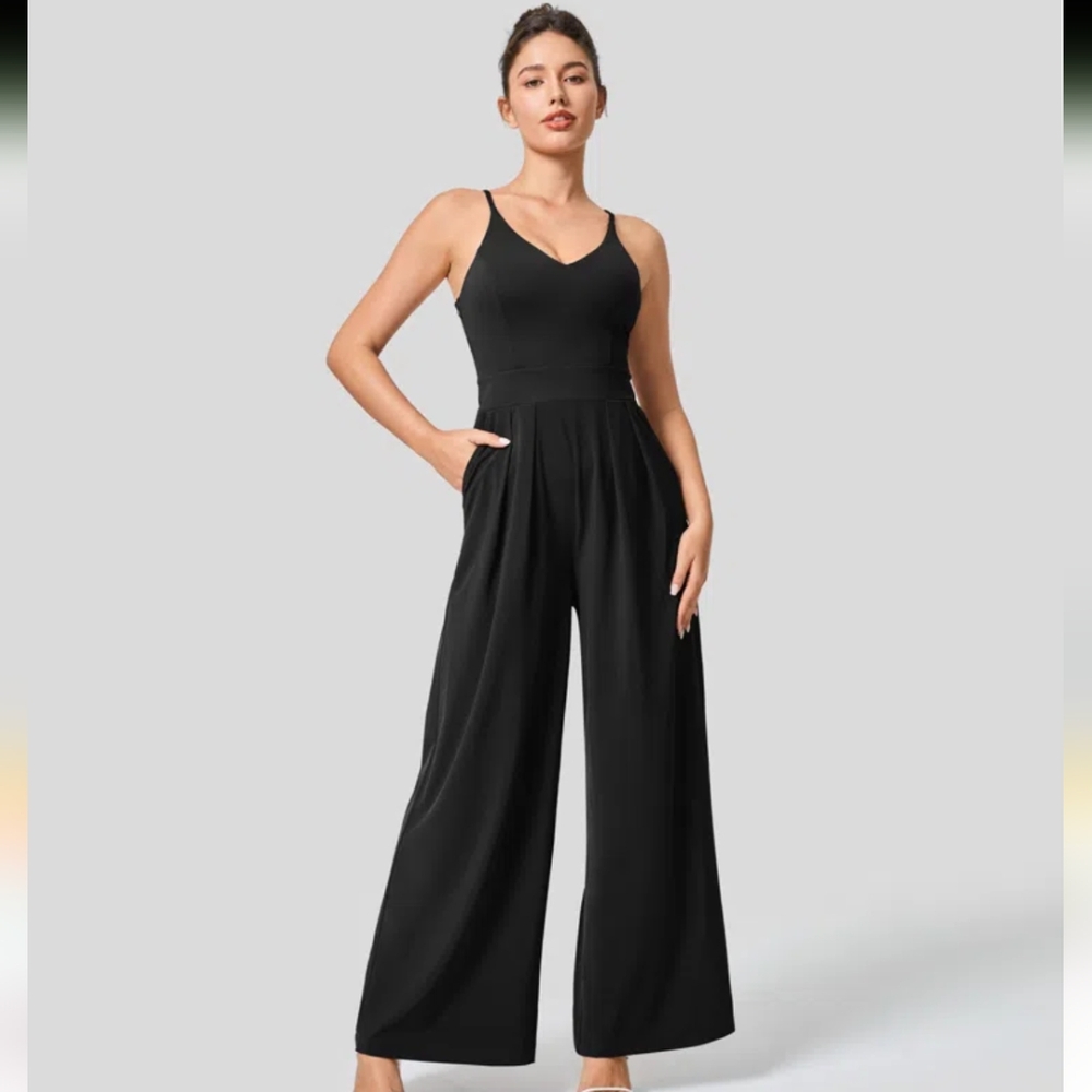 Halara Black Wide Leg Quick Dry Resort Slip Jumpsuit (M) 8/10 Regular
